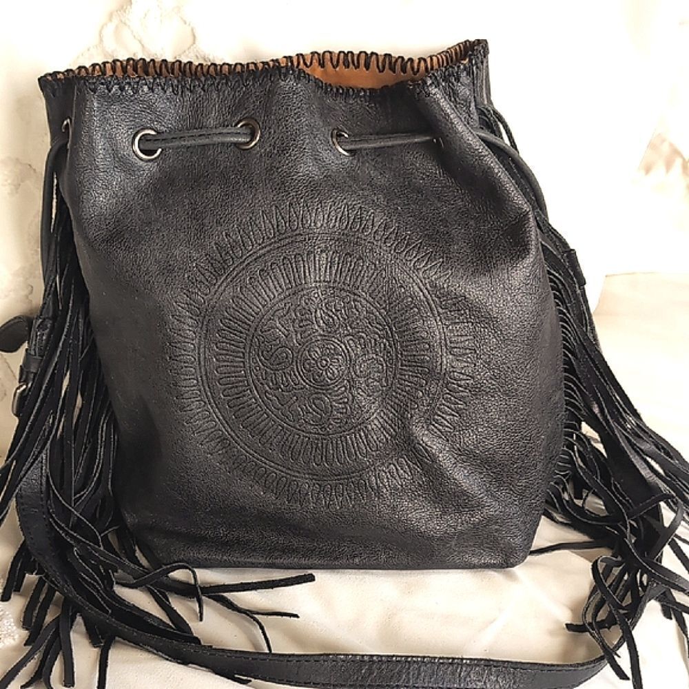 Patricia Nash Nicoletta 🖤 Black Leather Fringe Boho Bucket Bag Crossbody